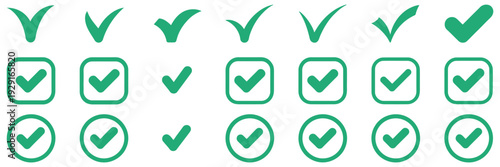 Check Box Icon with Green Tick Mark, Correct Accept Symbol in Square and Circle Frame, Modern Clean Vector Design.