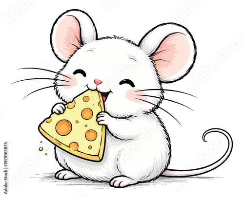 Cute hand drawn illustration of a mouse depicting eating cheese with a happy expression for children's design