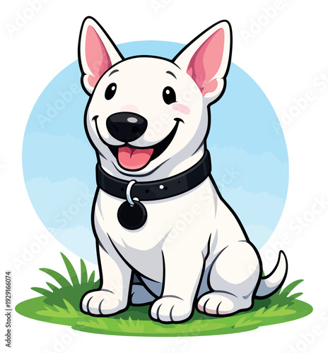 Cartoon illustration of a happy white dog depicting sitting cheerfully for pet care and children's designs