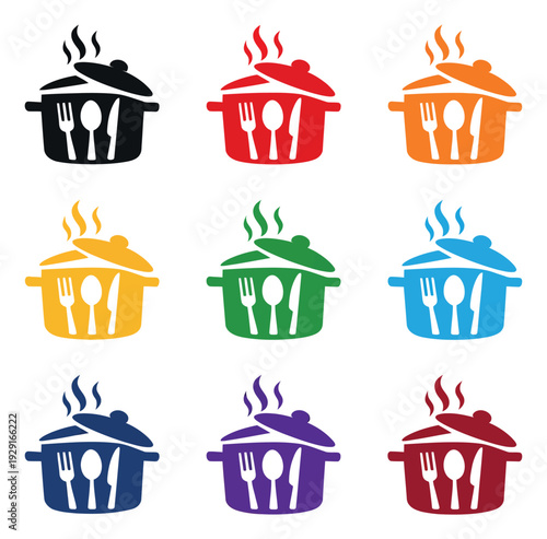 Modern flat icon set featuring colorful steaming cooking pots and cutlery for kitchen and restaurant branding