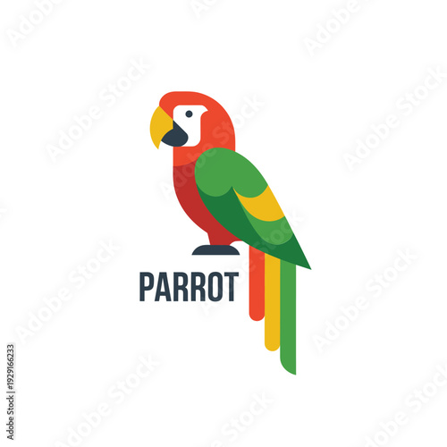 A colorful parrot illustration with geometric shapes and bold text