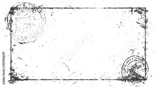 Distressed rectangular frame with circular postmarks in black ink on white textured paper border