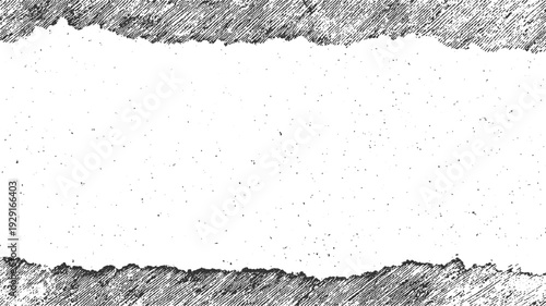 Black and white textured background with torn paper edges and scattered speckles
