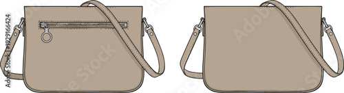 Crossbody leather handbag technical illustration, front and back view with zipper pocket and adjustable strap, minimalist fashion accessory vector template