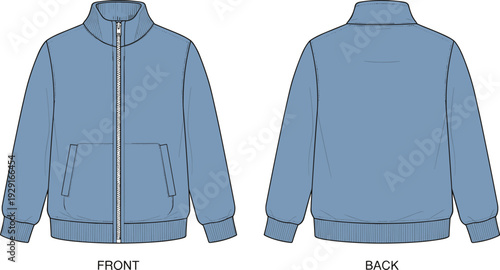 Front and back view blue bomber jacket vector illustration, ribbed cuffs hem, zipper closure, casual outerwear mockup, isolated apparel design template