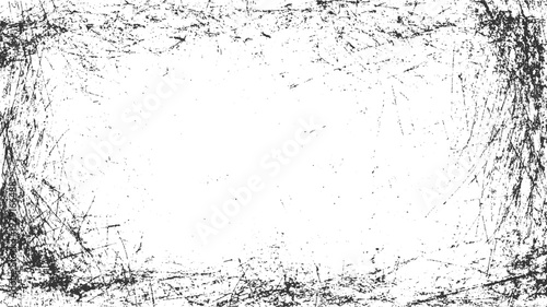 Black and white grunge texture with random scratches and speckles forming a distressed border around a clean white center