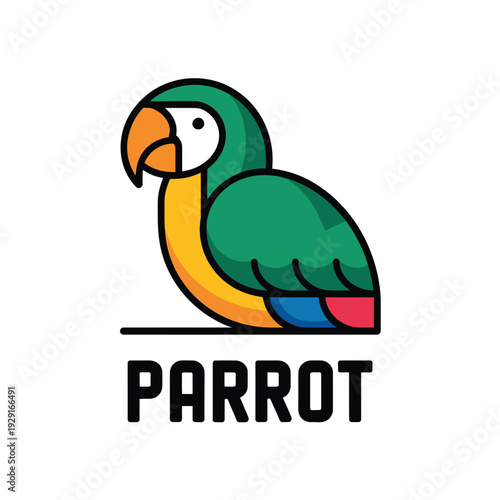 Stylized parrot illustration with vibrant colors and bold text label