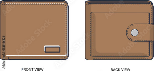 Men's leather wallet vector illustration, front and back view classic bifold design with snap closure isolated on white background