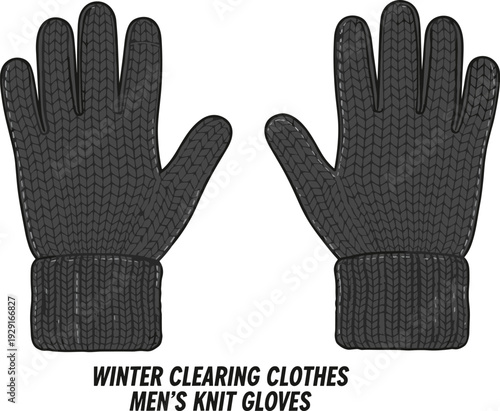 Men's knit winter gloves vector illustration, front and back view textured cold weather handwear design isolated on white background