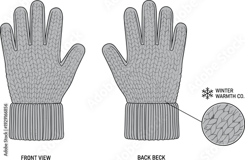 Men's textured knit winter gloves vector illustration, front and back view detailed wool pattern handwear design isolated on white background