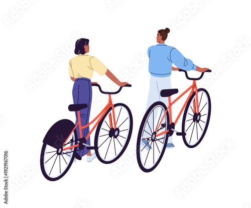 Couple rolls bikes and talks back view. Friends are cycling together. Black man and woman push bicycles. Happy cyclists walk with transport. Flat isolated vector illustration on white background