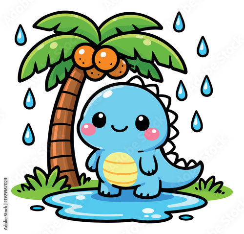 Cute cartoon illustration of a baby dinosaur depicting a rain shower under a palm tree for children's designs