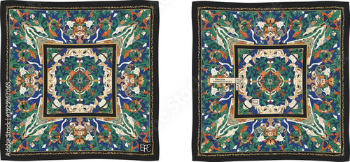 Ornate square silk scarf illustration, front and back view with intricate botanical pattern and decorative border, luxury fashion accessory vector design