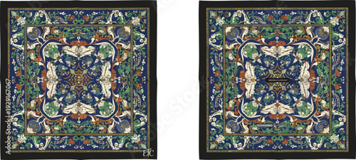 Ornamental silk scarf square illustration, front and back view with intricate floral pattern and decorative border, luxury fashion accessory vector design