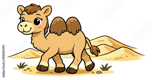Cute cartoon illustration of a baby camel depicting it walking happily for children's designs