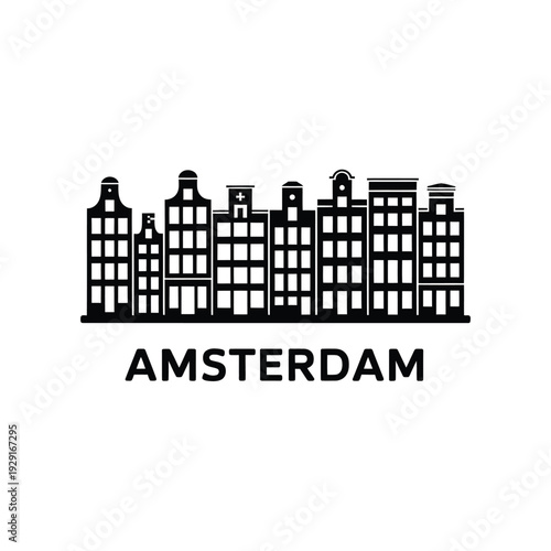 Amsterdam skyline illustration with traditional gabled buildings and city name