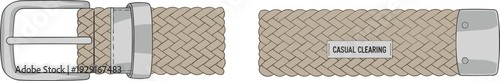 Woven braided belt vector illustration, front and back view, metal buckle detail, casual fashion accessory mockup, isolated design template