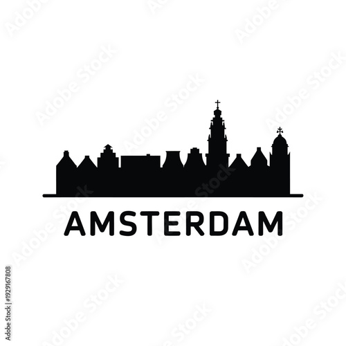 Amsterdam skyline silhouette with city name displayed prominently below