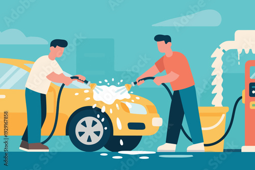 Cartoon illustration of two people washing yellow car with sponge and water spray, soap suds visible, outdoor urban background with buildings and blue sky, teamwork and cleanliness theme.