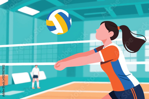 Cartoon illustration of indoor volleyball game, female player in orange white blue uniform preparing to bump ball with forearms, dynamic sports scene in bright modern gymnasium.