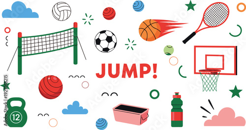 Sports Equipment Vector Collection featuring Basketball Soccer Volleyball Tennis Racket Fitness Gear Jump Text and Colorful Flat Graphic Illustration Design Elements