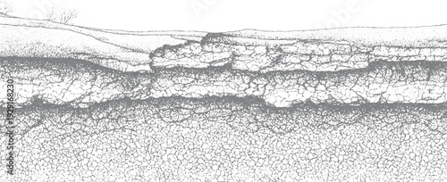 Cracked dry earth landscape with sparse vegetation and rolling hills in stippled monochrome ground texture