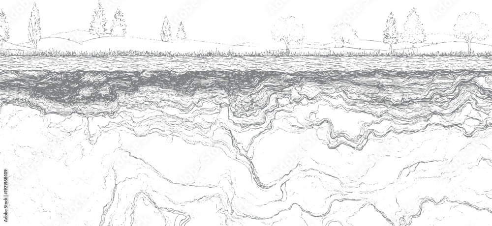 Obraz premium Detailed cross section of layered earth and water with trees and grass above layers soil