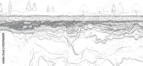 Detailed cross section of layered earth and water with trees and grass above layers soil