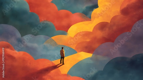 a colorful artistic digital art showing a person standing between clouds, and image showing hope and success