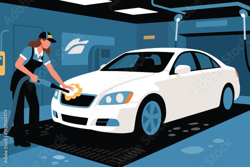 Cartoon illustration of worker polishing white sedan with buffing tool in modern indoor car wash facility, vibrant design highlighting automotive detailing, maintenance, and cleanliness.