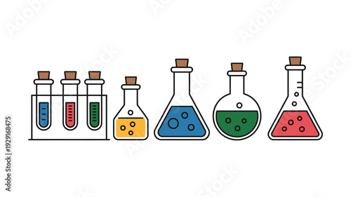 Science Lab Equipment Illustration Featuring Colorful Laboratory Glassware with Test Tubes and Flasks Containing Bright Liquids, Modern Detailed Design.