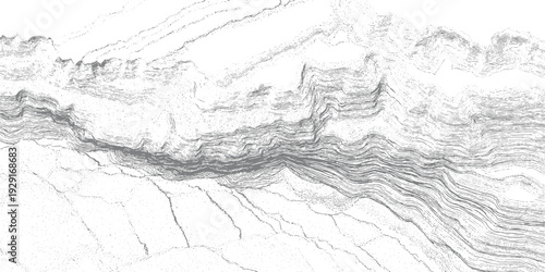 Abstract topographic map with layered gray contour lines and stippled texture topography
