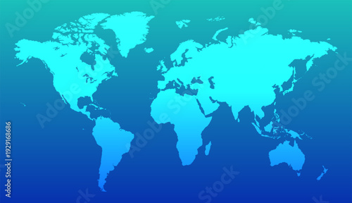 A minimalist world map with blue continents against a dark ocean backdrop. This vector map features a modern graphic design that combines simplicity and information.