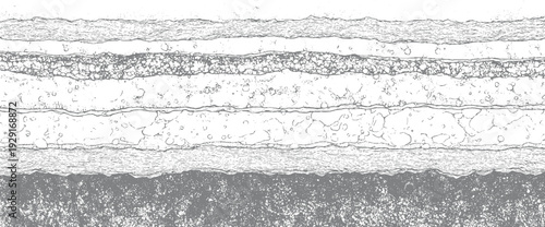 Detailed cross section of geological strata showing layers of rock and sediment with varying textures and granular composition in monochrome