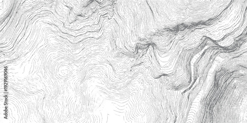 Intricate topographic contour lines depicting mountainous terrain and valleys in monochrome gray topography