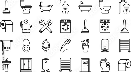 Bathroom Plumbing and Sanitary Equipment Outline Icon Set Vector Illustration Collection