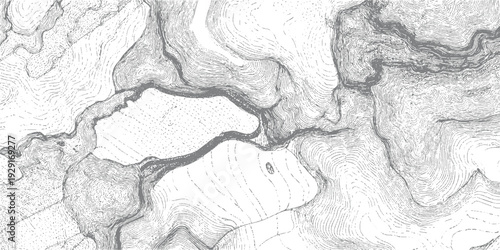 Detailed monochrome topographic map contour lines depicting mountainous terrain and water bodies topography