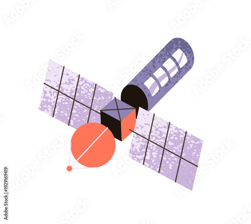 Artificial satellite of Earth. Spacecraft is flying on orbit. International cosmic station with solar panels in outer space. GPS system in cosmos. Flat isolated vector illustration on white background