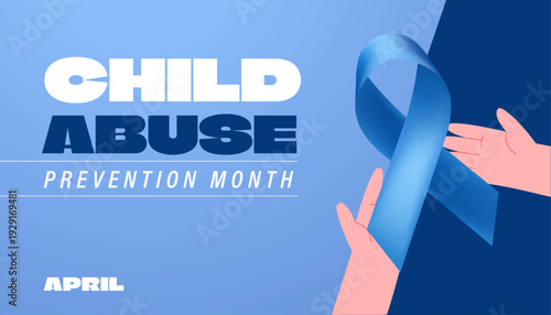 Child abuse month prevention  social banner,  camping, awareness symbol blue ribbon, horizontal, vector illustration