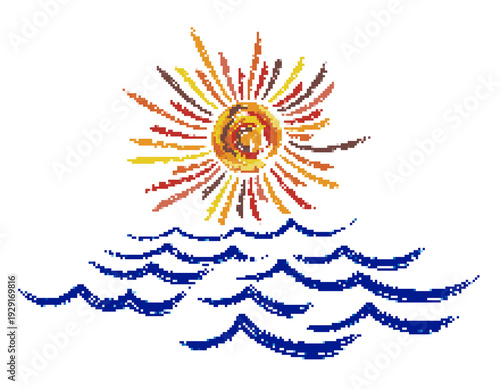 A sun dawn pixel symbol with a blue wave.