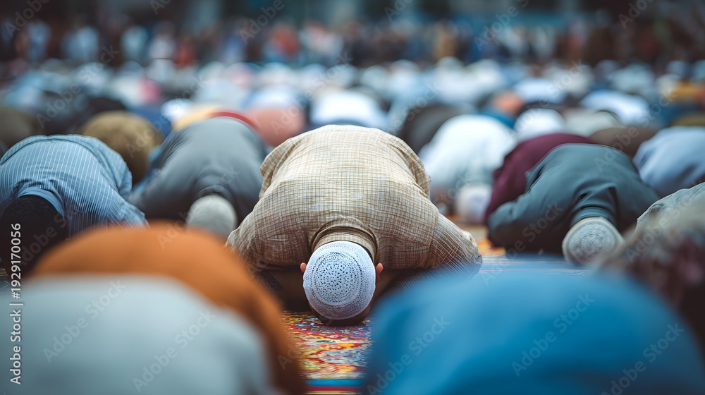 Obraz premium Symbolic depiction of a diverse global Muslim community united in spiritual devotion, performing the sacred Eid al-Fitr prayer ritual with profound reverence and collective faith.