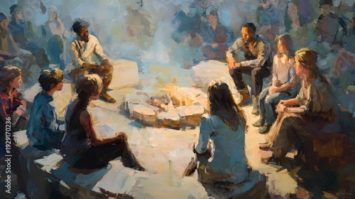 Vibrant impressionistic digital painting capturing a diverse group of individuals gathered around a warm campfire, sharing stories and fostering connection under the soft glow of flames.
