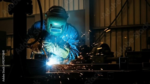 A welder works intensely, creating sparks in a vibrant industrial setting.