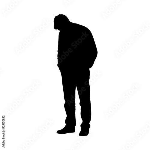 A man silhouette with lowered head in suffering confusion and depression minimalist black vector design