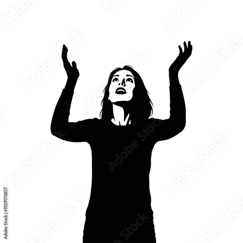 A woman silhouette raises arms in helplessness despair and emotional surrender minimalist black vector design