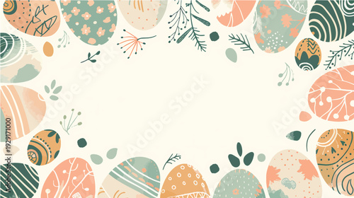 Oval copy space frame background surrounded by Easter eggs and spring floral branches for spring promo flyers holiday greeting card text layout and brand tags

