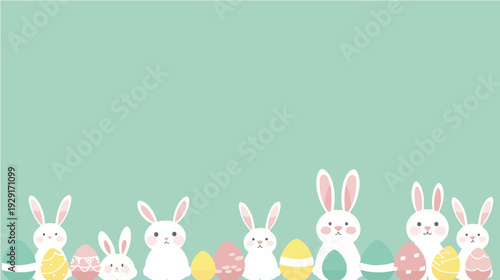 A row of cute white bunnies and colorful eggs at bottom spring illustration with large solid top copy space for early childhood education slides and event banner layout


