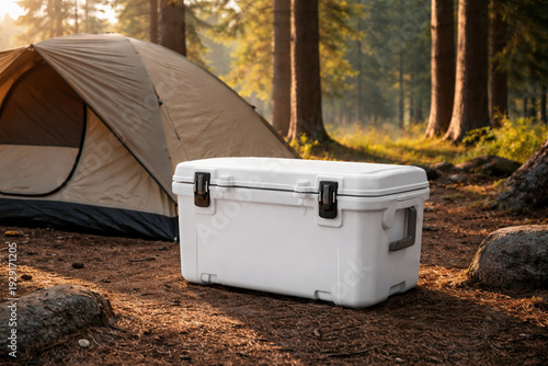 Canvas Print White cooler and camping tent in a sunny forest setting.