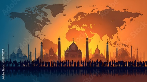 Global Muslim community celebrating Eid, conceptual digital art with mosque silhouettes against a world map under a vibrant sky, symbolizing unity and faith.
