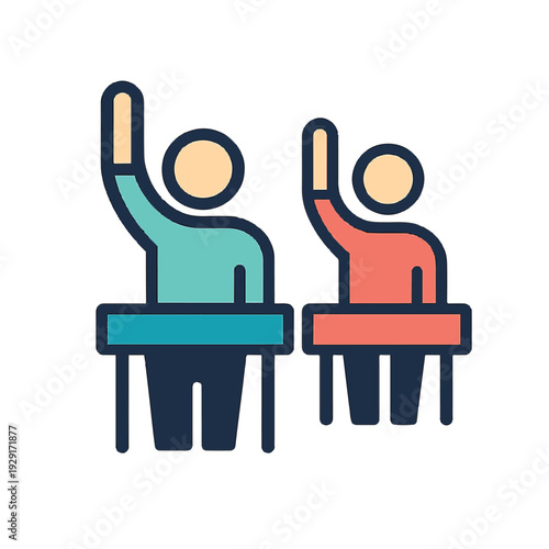  Students Raising Hands at Desks  Minimal Flat Vector Icon